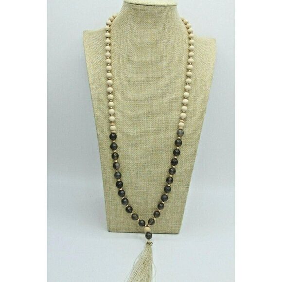 Beaded Necklace Gray Glass & Wood Beads Gold Tone - Picture 1 of 7